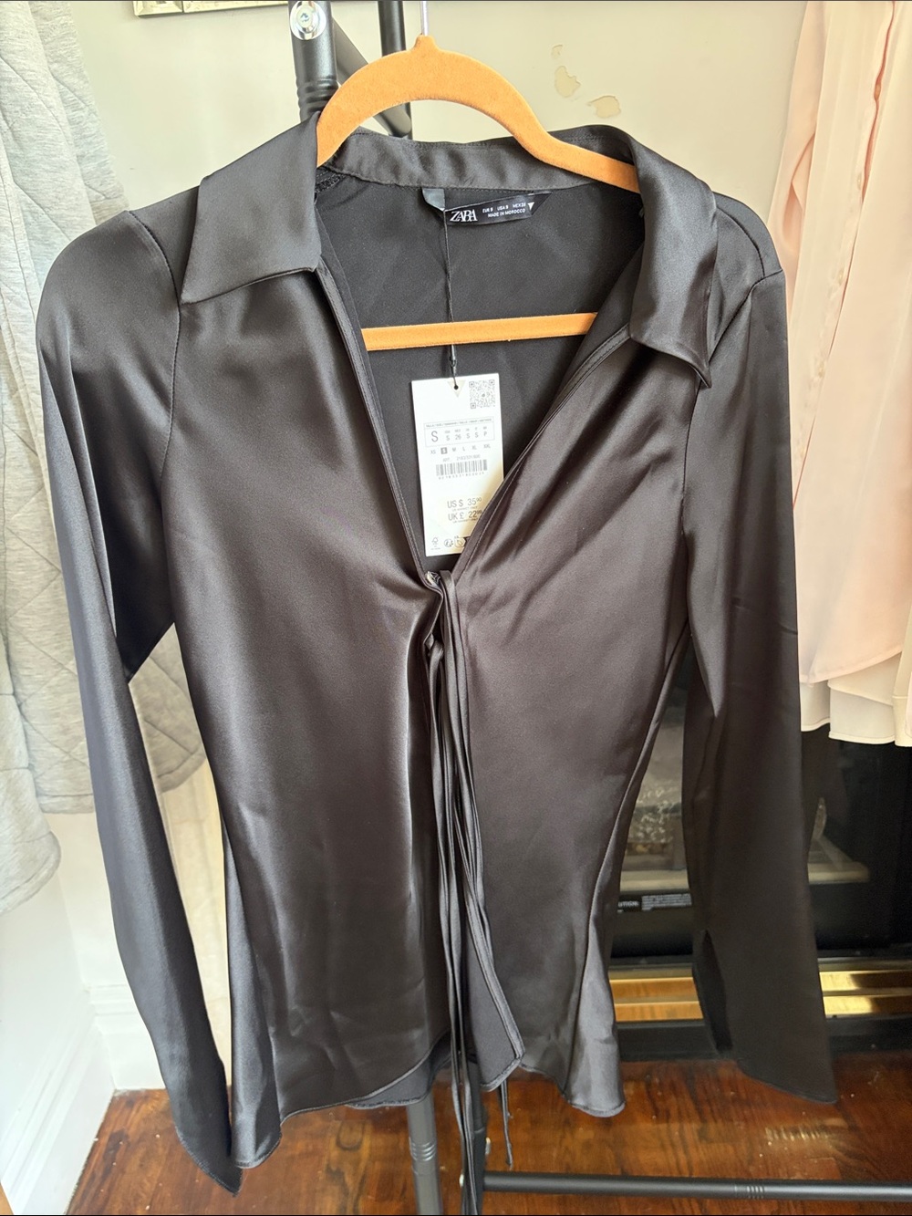 ZARA Black Satin Tie-Front Blouse